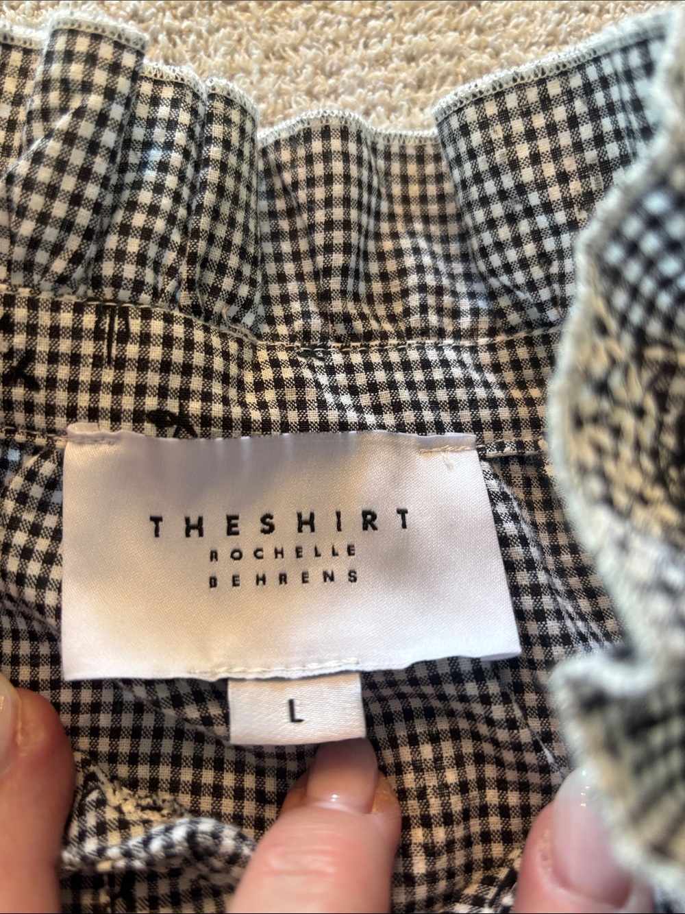 The Shirt by Rochelle Behrens Black and White Gingham Floral Ruffle Blouse Sz L - Picture 3 of 7
